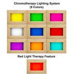 Chromotherapy lighting system with 9 colored boxes and a red light therapy feature.