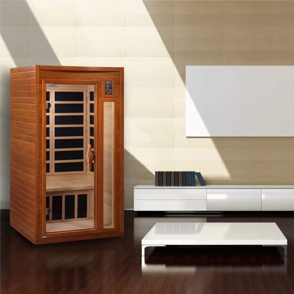 Wooden sauna in a modern living room with a television and coffee table.