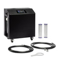 Black water filtration system with two filters and hoses on a white background
