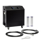 Black water filtration system with two filters and hoses on a white background