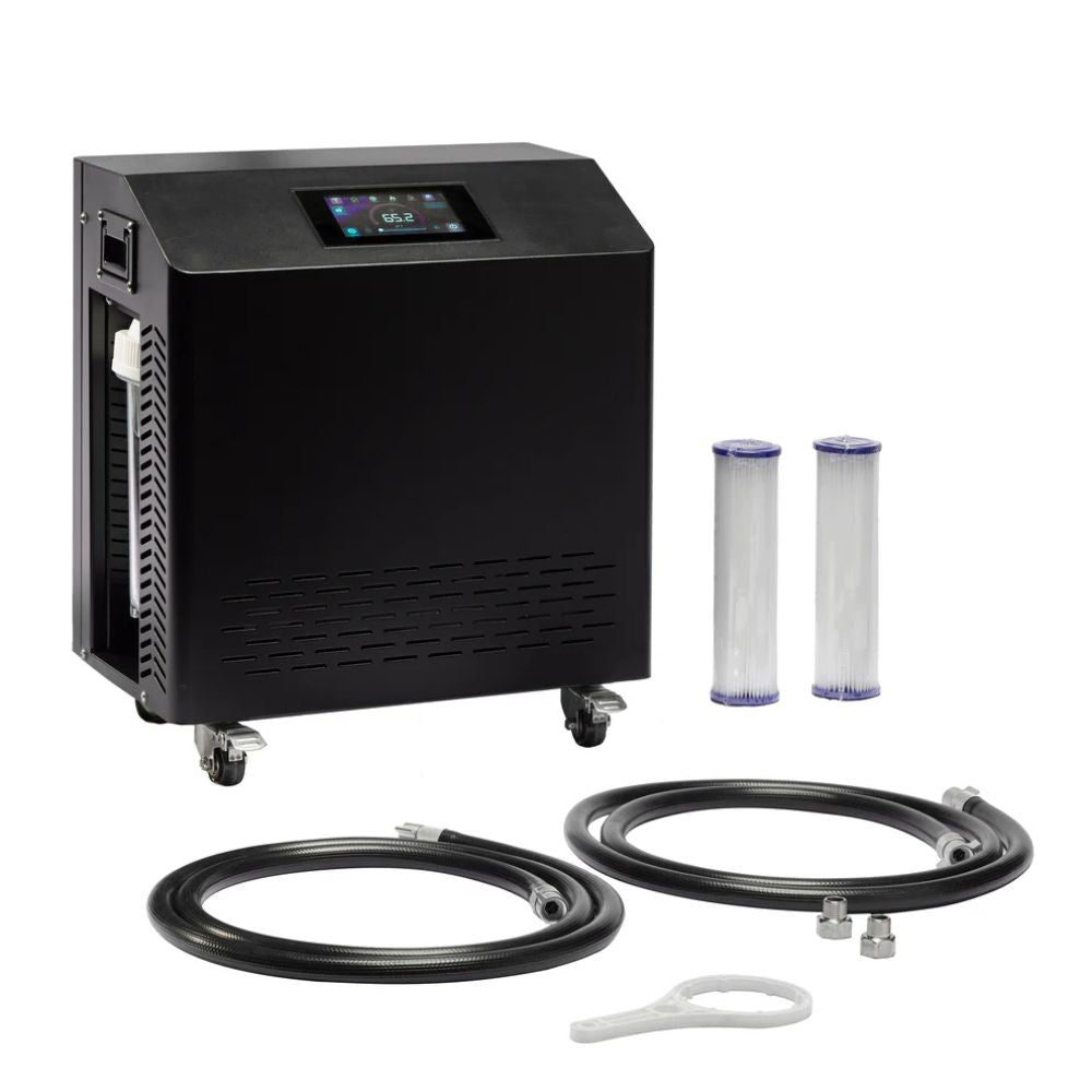 Black water filtration system with two filters and hoses on a white background