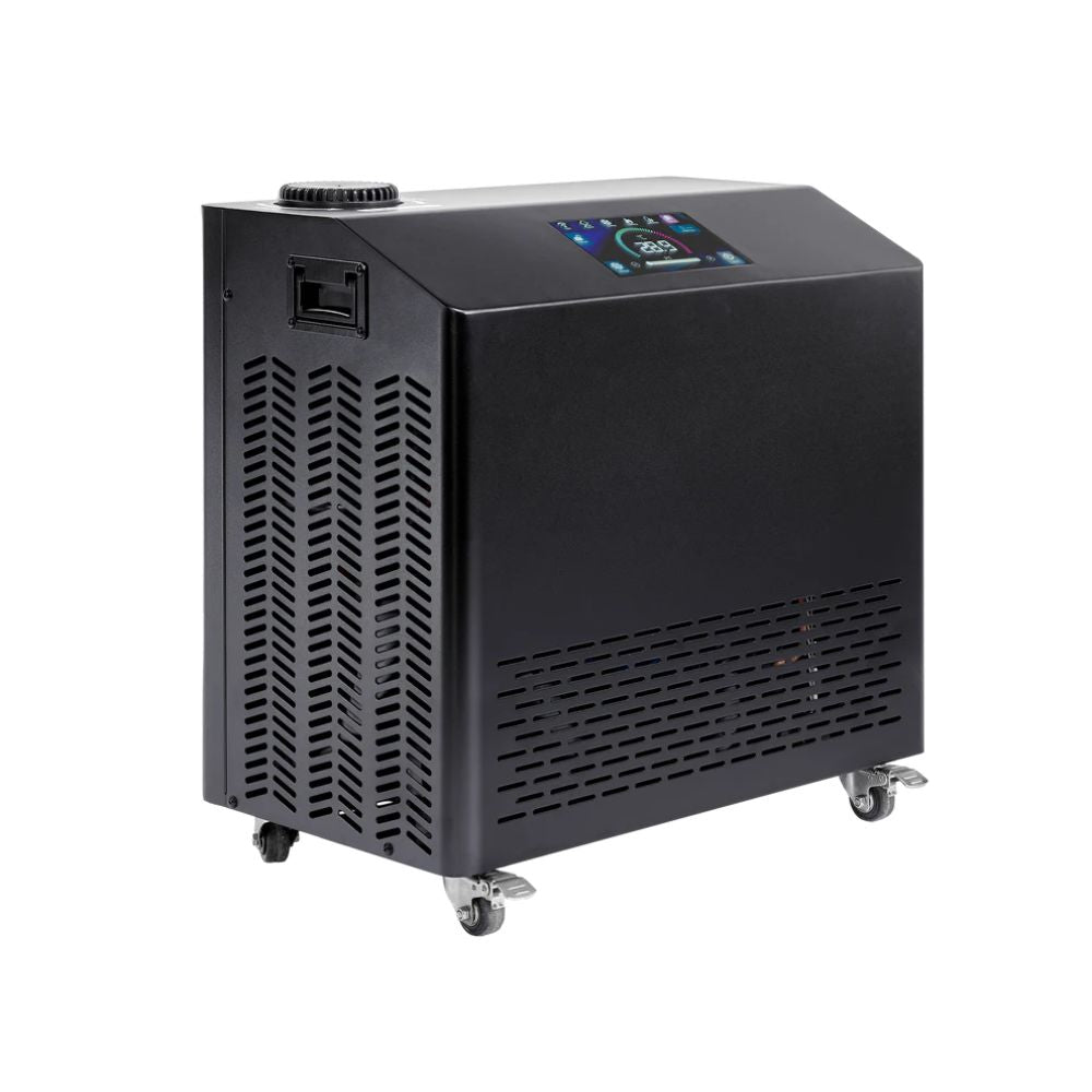 Black industrial machine with a digital display on a white background