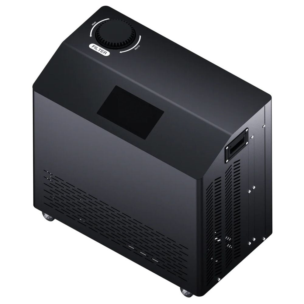 Black electronic device with a screen and control knob on a white background