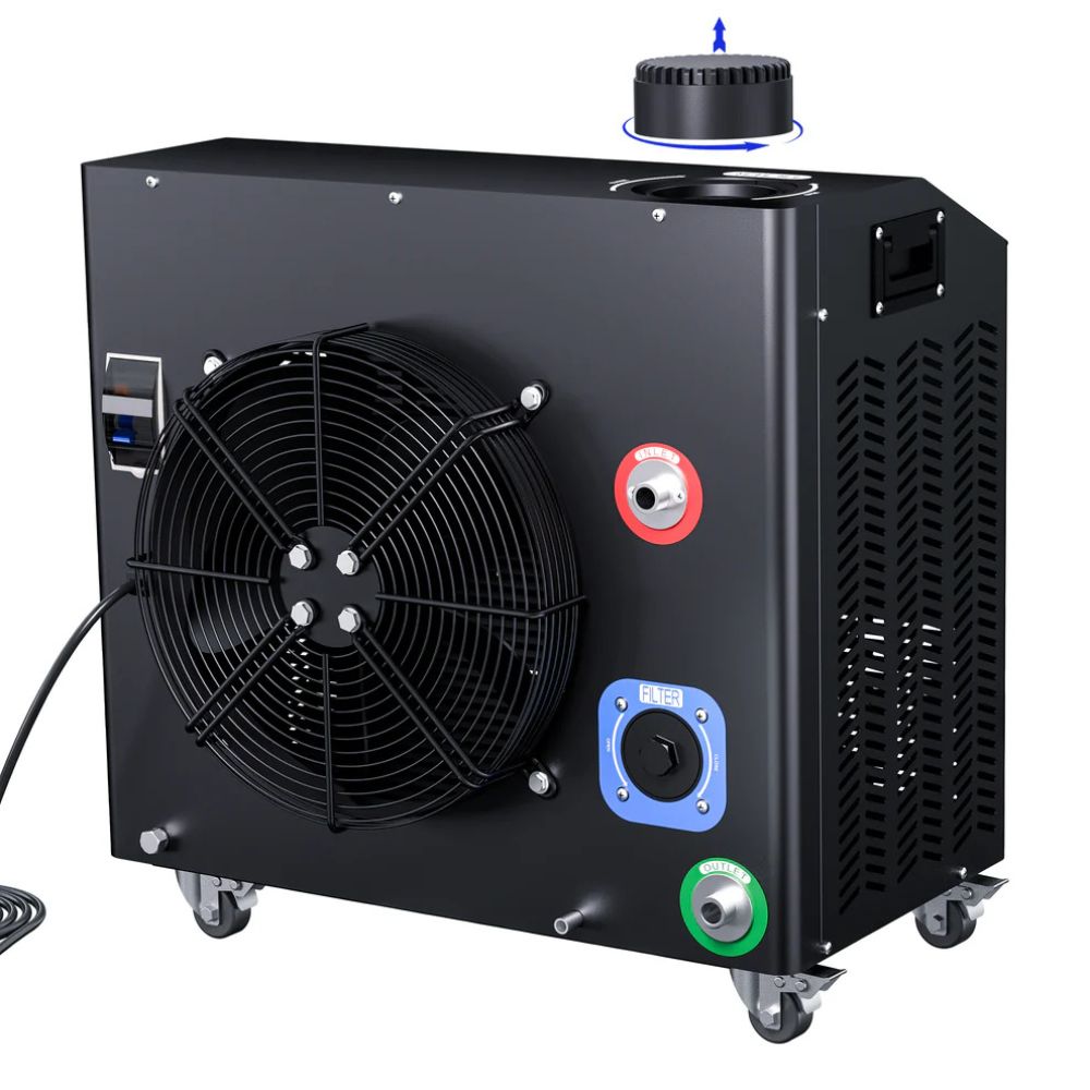 Black industrial cooler with fan and control panel on a white background