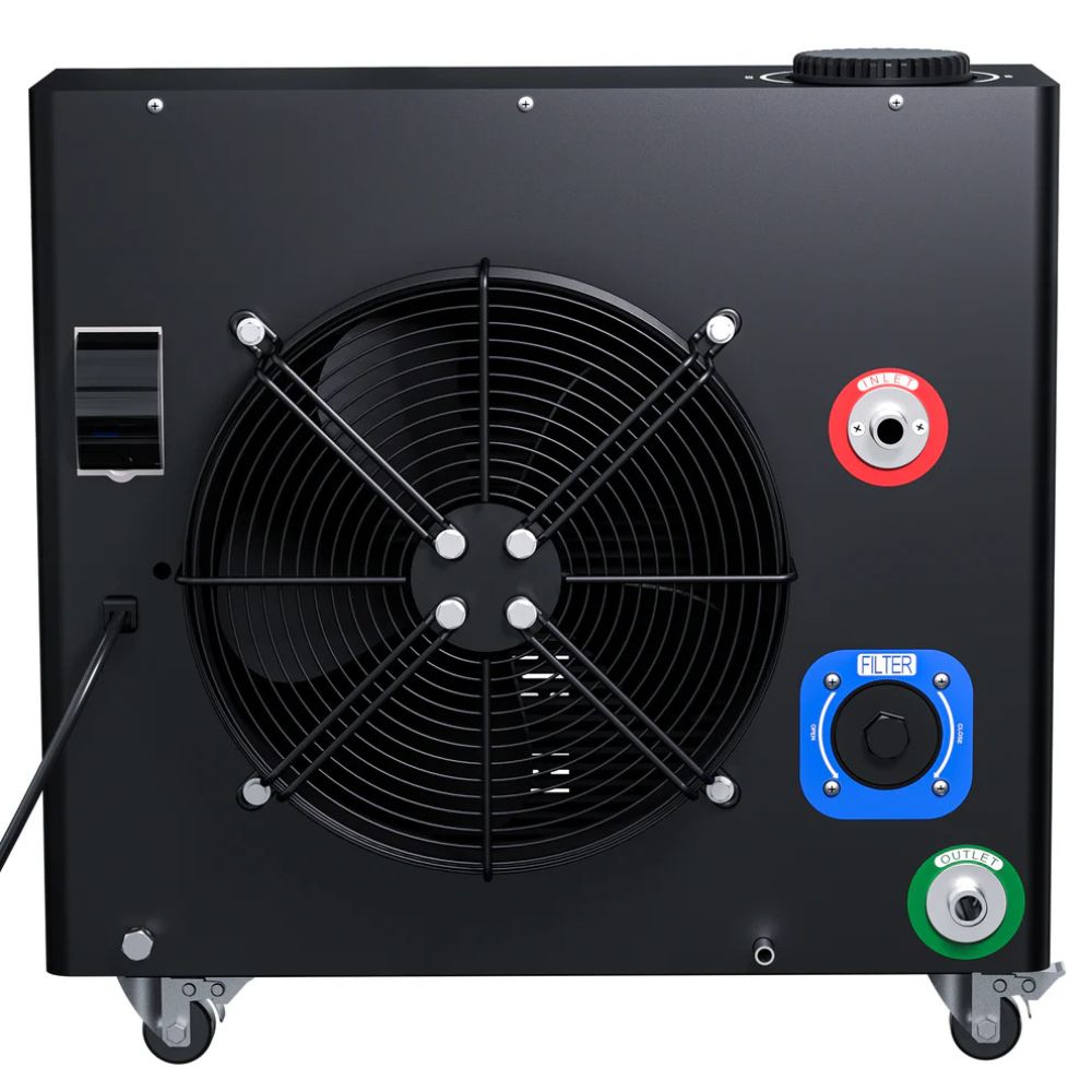 Black industrial fan with control panel on a white background