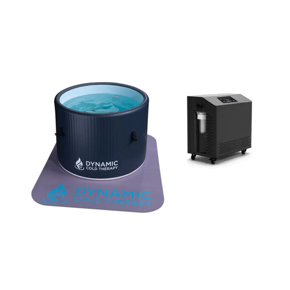 Cold therapy device with a container of icy water and a control unit on a white background.
