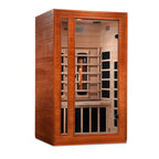 Wooden sauna with glass panels on a white background
