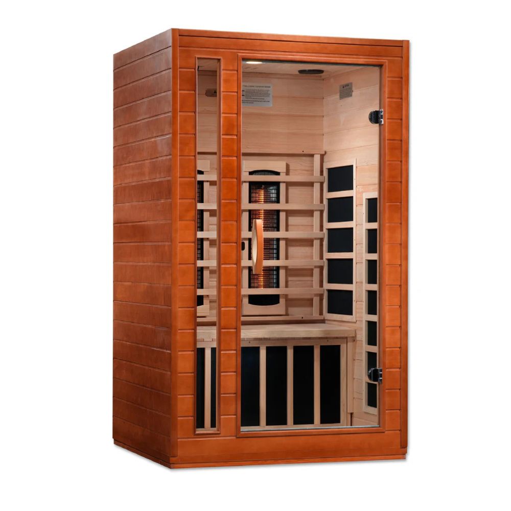 Wooden sauna with glass panels on a white background