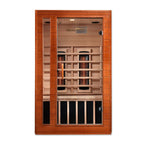 Infrared sauna with wooden frame and glass door on a white background
