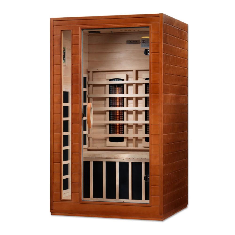 Wooden sauna with interior lights on a white background