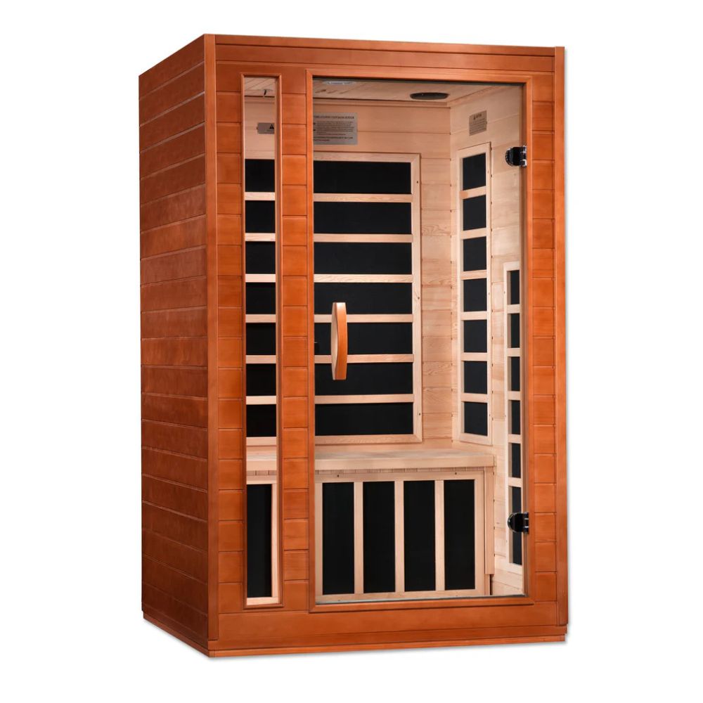 Wooden sauna with glass door on a white background