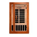 Infrared sauna with wooden frame and glass panels on a white background