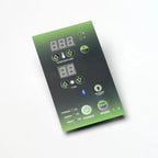 Control panel with digital display and various buttons on a white background