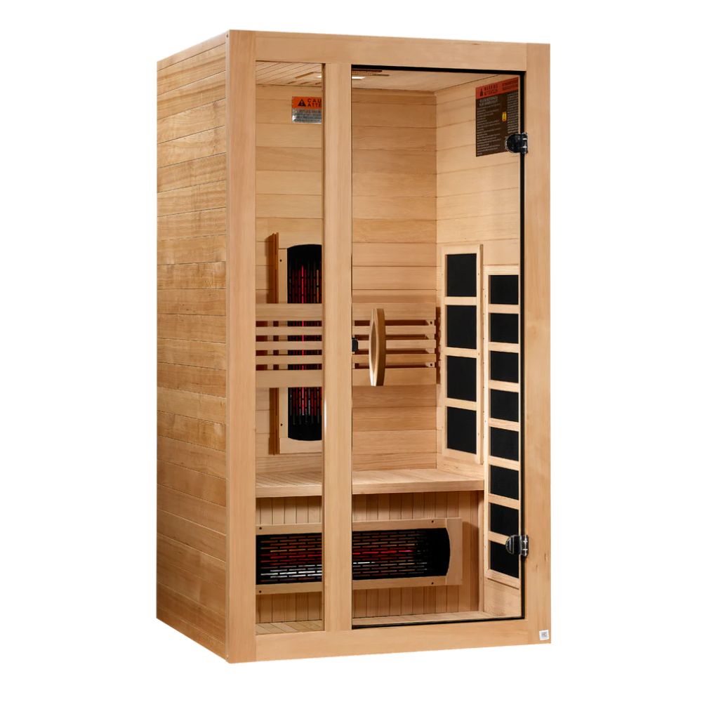 Wooden infrared sauna with glass door on a white background