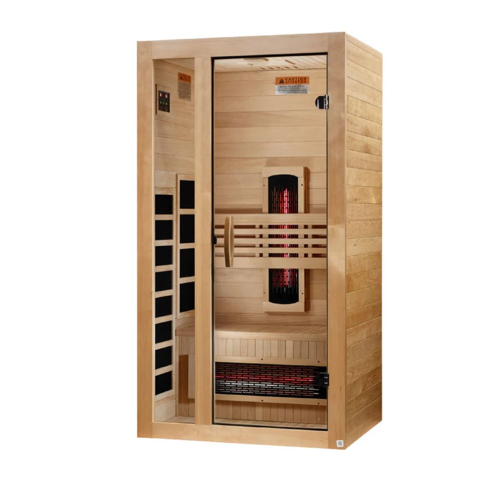 Wooden infrared sauna with visible heating elements on a white background