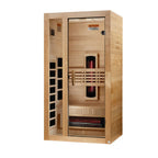 Wooden infrared sauna with visible heating elements on a white background
