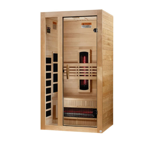Wooden infrared sauna with visible heating elements on a white background