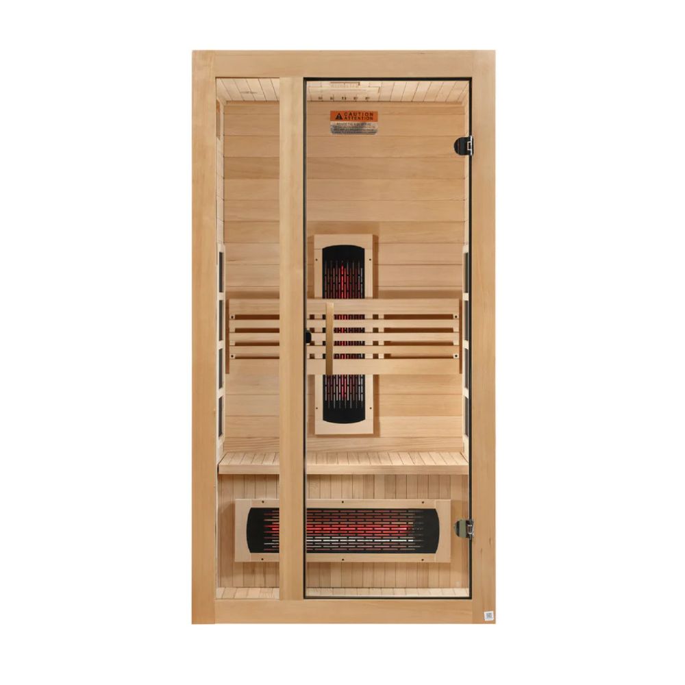 Wooden sauna with interior lights and control panel on a white background