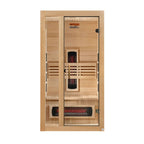 Wooden sauna with interior lights and control panel on a white background