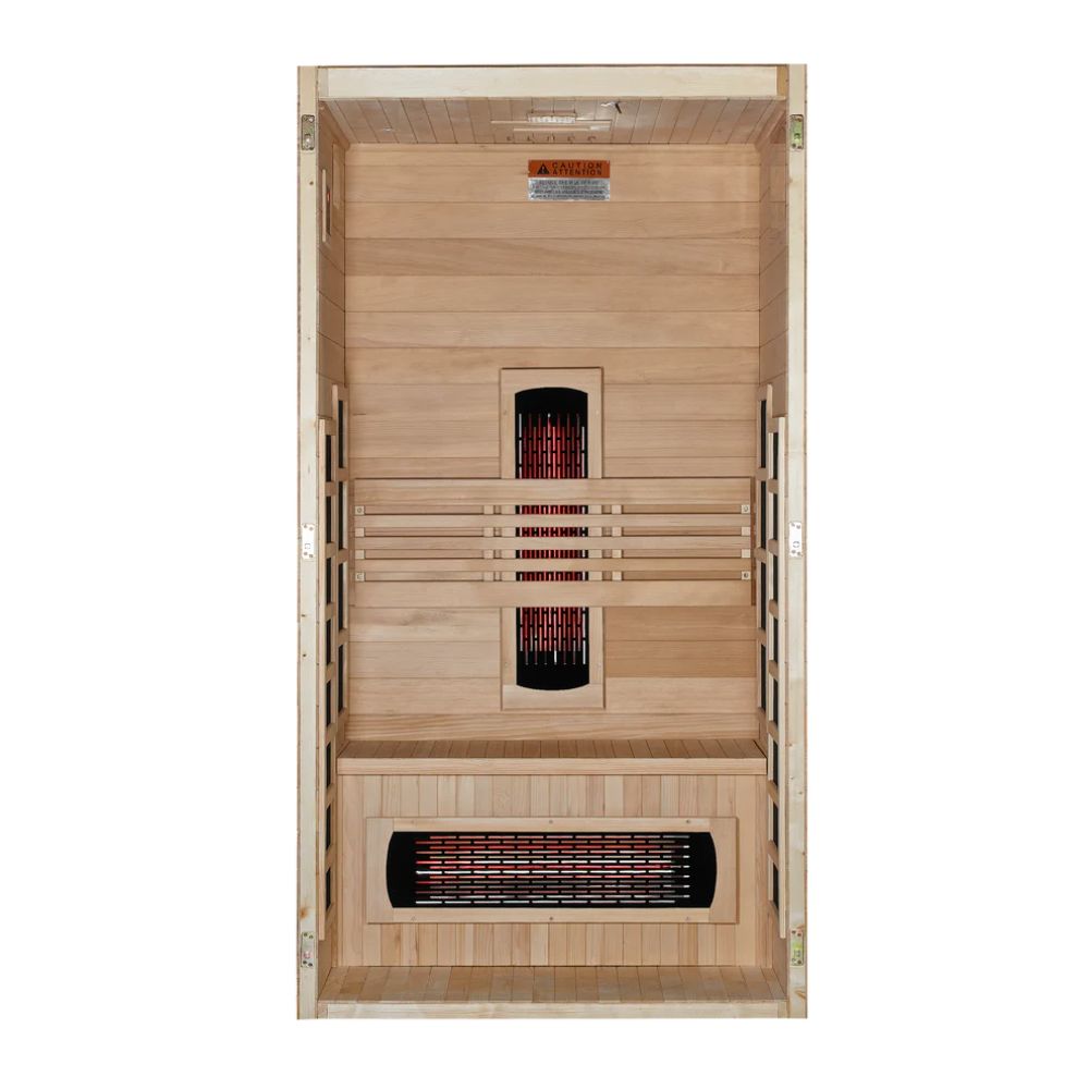 Wooden sauna with infrared heating elements on a white background