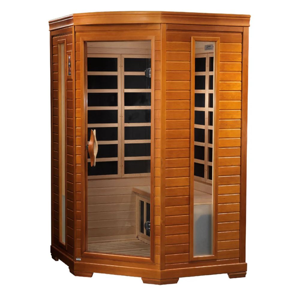 Wooden sauna with glass doors on a white background