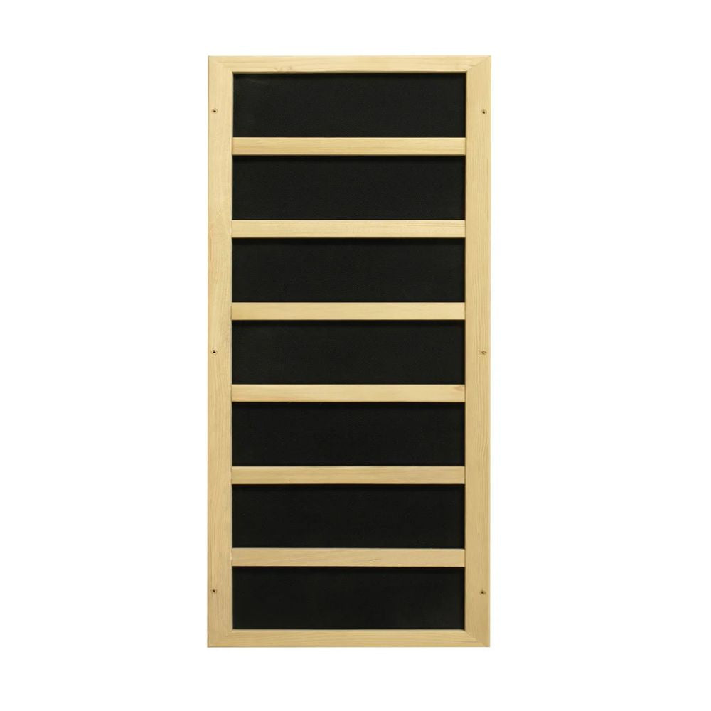 Wooden shelf with black panels on a white background