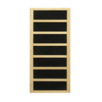 Wooden shelf with black panels on a white background