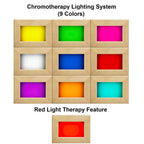 Chromotherapy lighting system with 9 colorful boxes and a red light therapy feature.