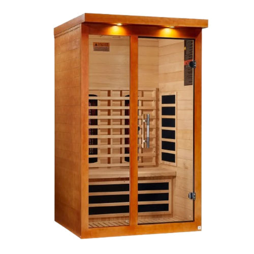 Wooden sauna with glass doors on a white background