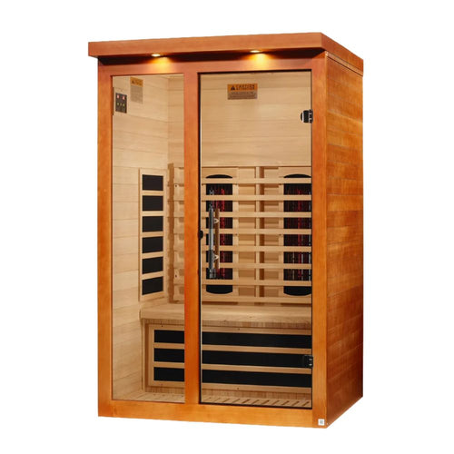 Wooden sauna with glass door on a white background