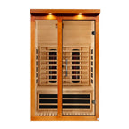 Wooden sauna with interior lights on a white background