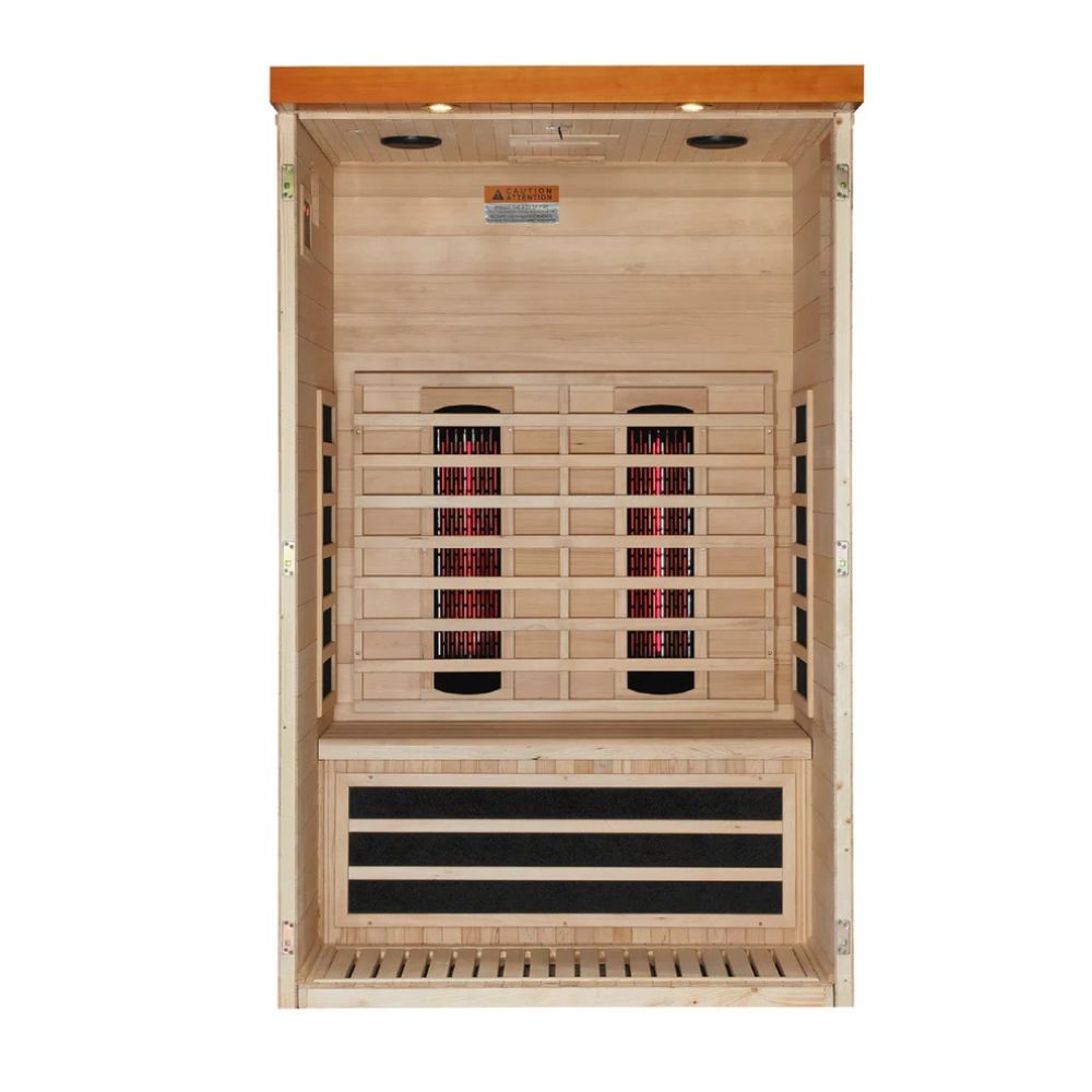 Infrared sauna with wooden interior and black heating elements on a white background