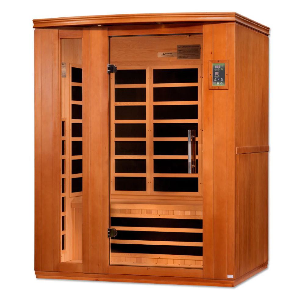 Wooden infrared sauna with glass doors on a white background