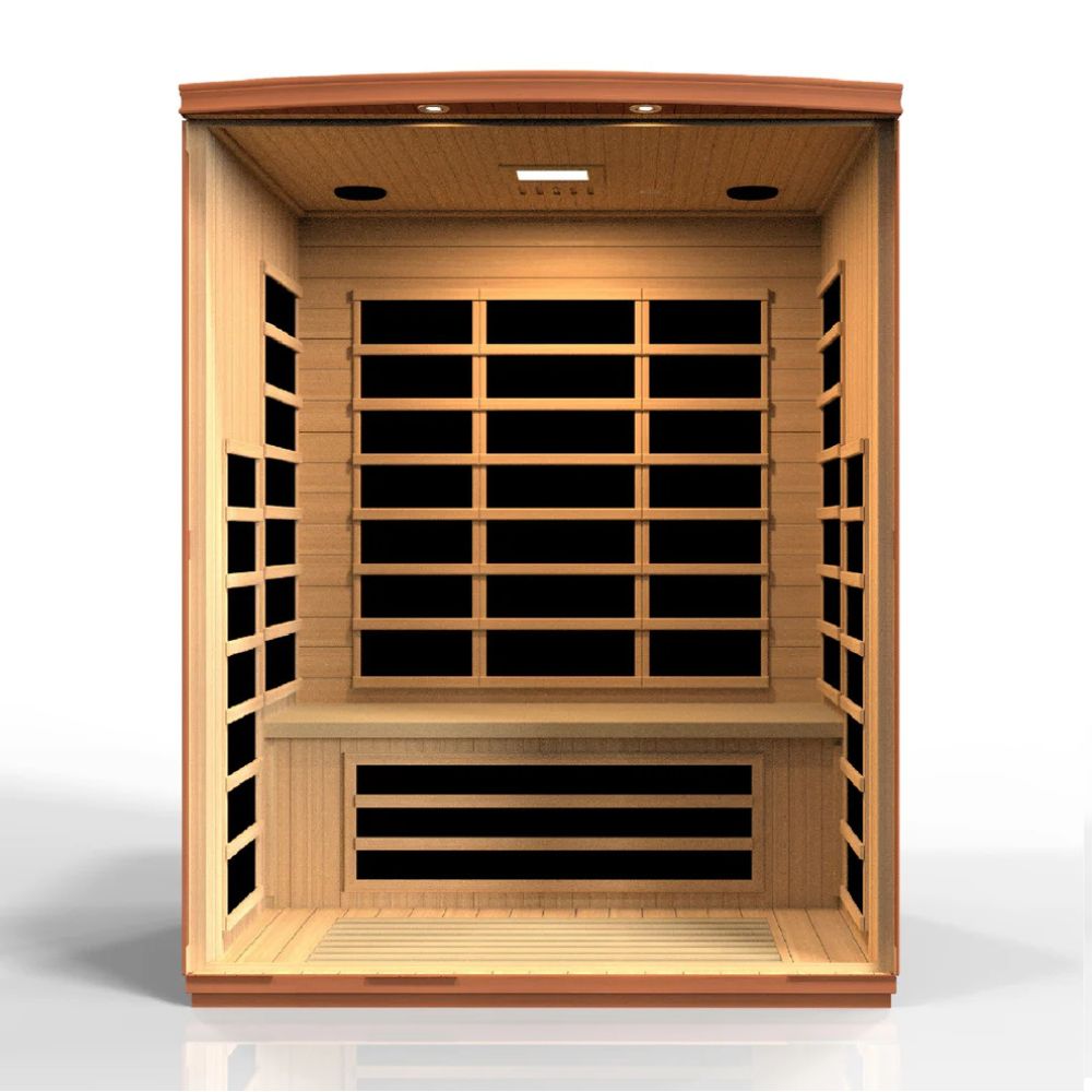 Wooden sauna with glass panels on a white background