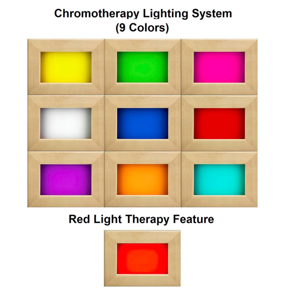 Chromotherapy lighting system with 9 colorful boxes and a red light therapy feature.