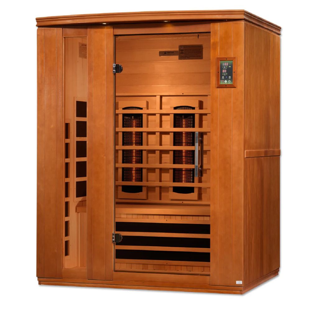Wooden sauna with interior lights on a white background