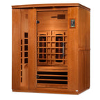 Wooden sauna with interior lights on a white background