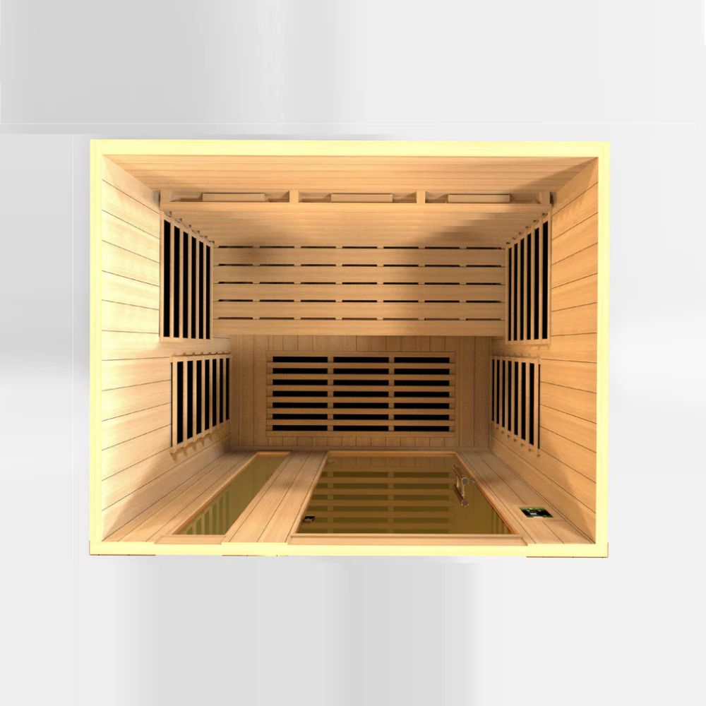 Wooden sauna interior with slatted design on a white background