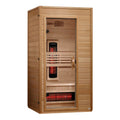 Wooden infrared sauna with visible heating elements on a white background