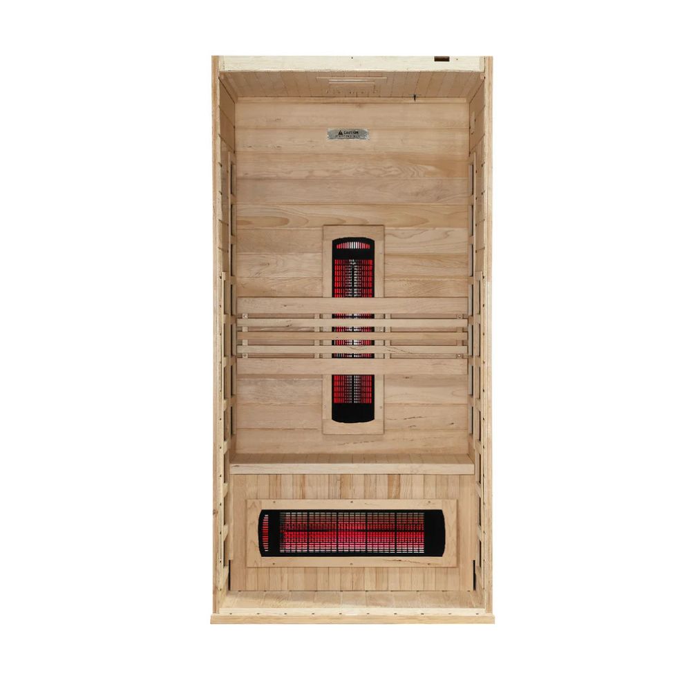 Wooden sauna with infrared heating elements on a white background