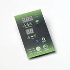 Control panel with digital display and various buttons on a white background