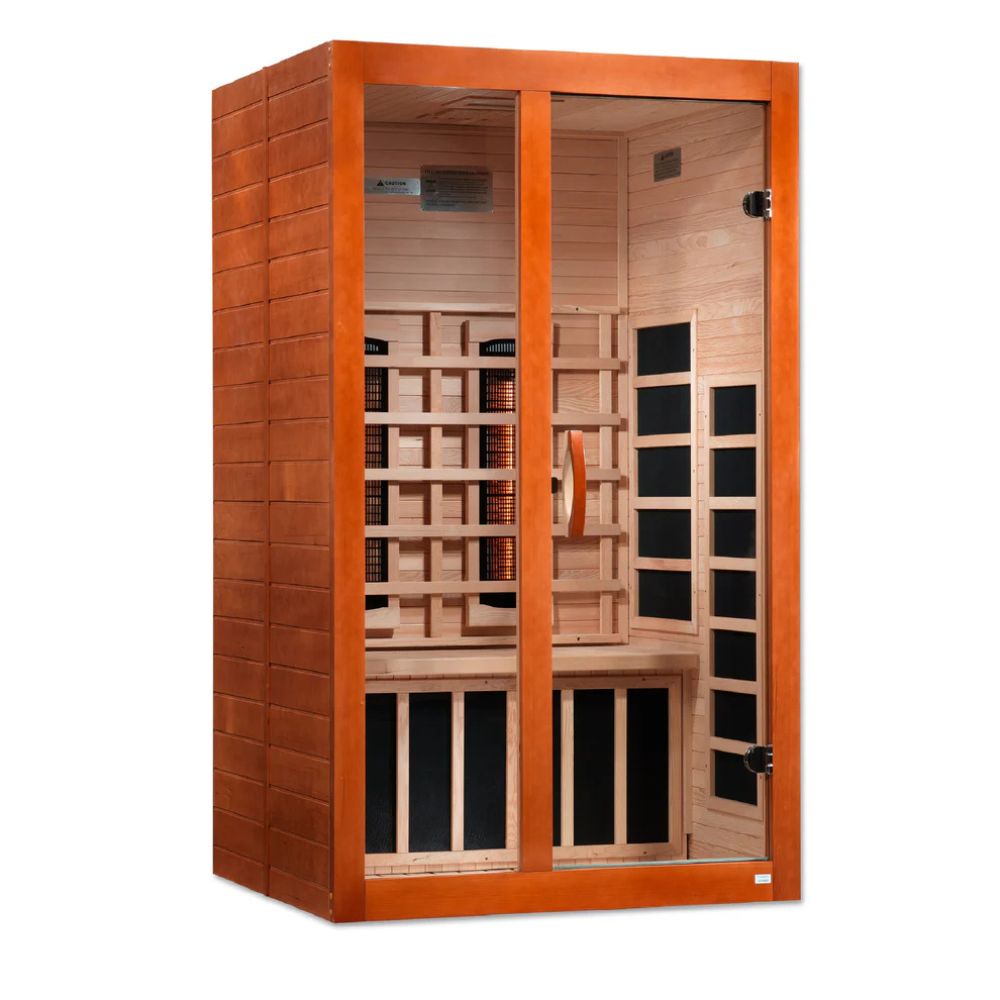 Wooden sauna with glass doors on a white background