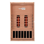 Wooden sauna with copper coils on a white background
