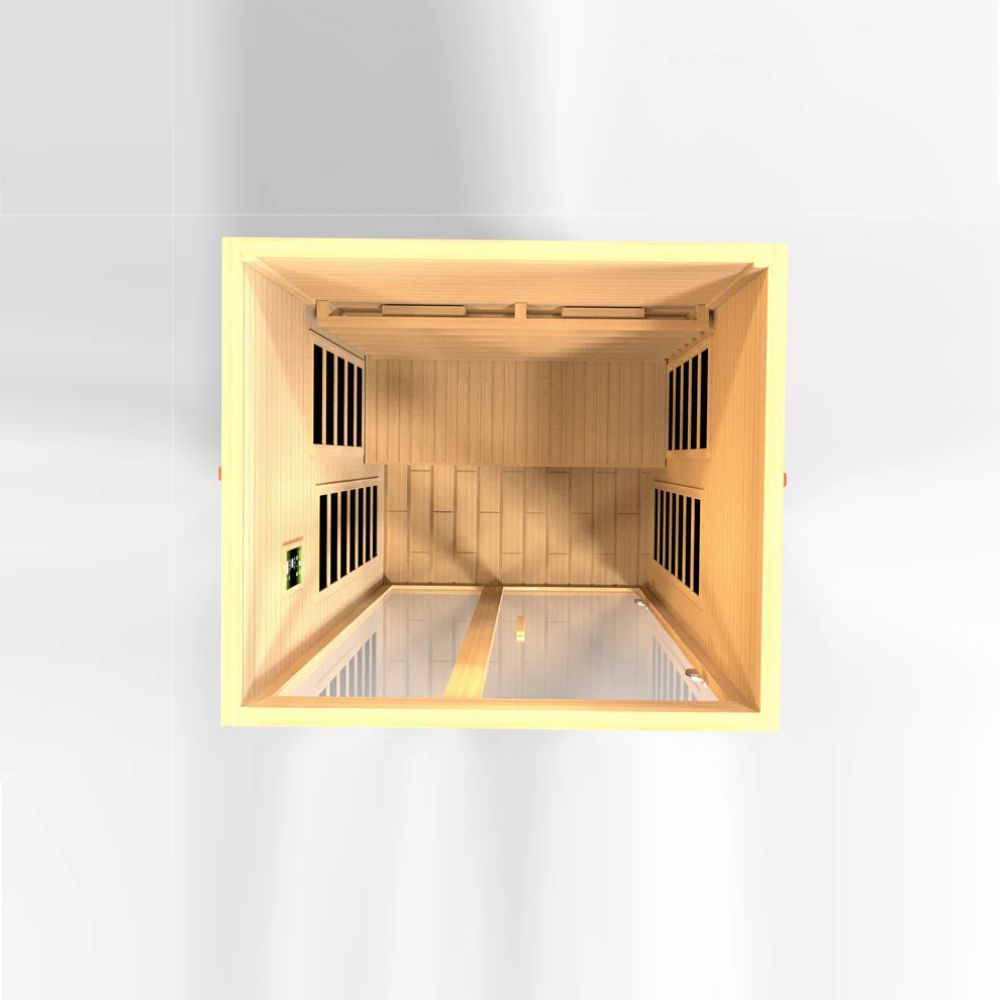Wooden sauna with glass doors on a white background
