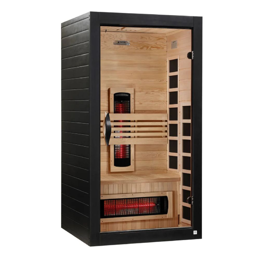 Infrared sauna with black exterior and wooden interior on a white background