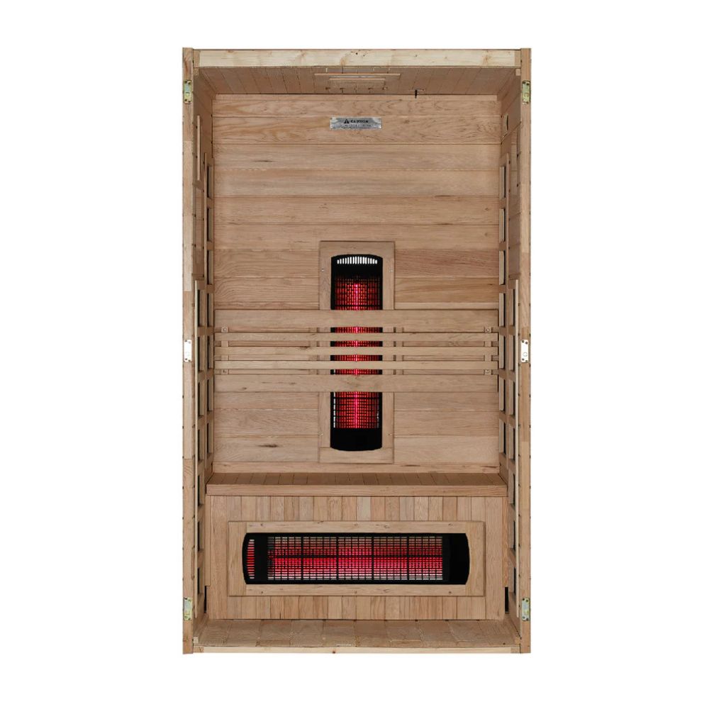 Wooden sauna with infrared heating elements on a white background
