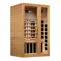 Wooden sauna with interior lights and design on a white background