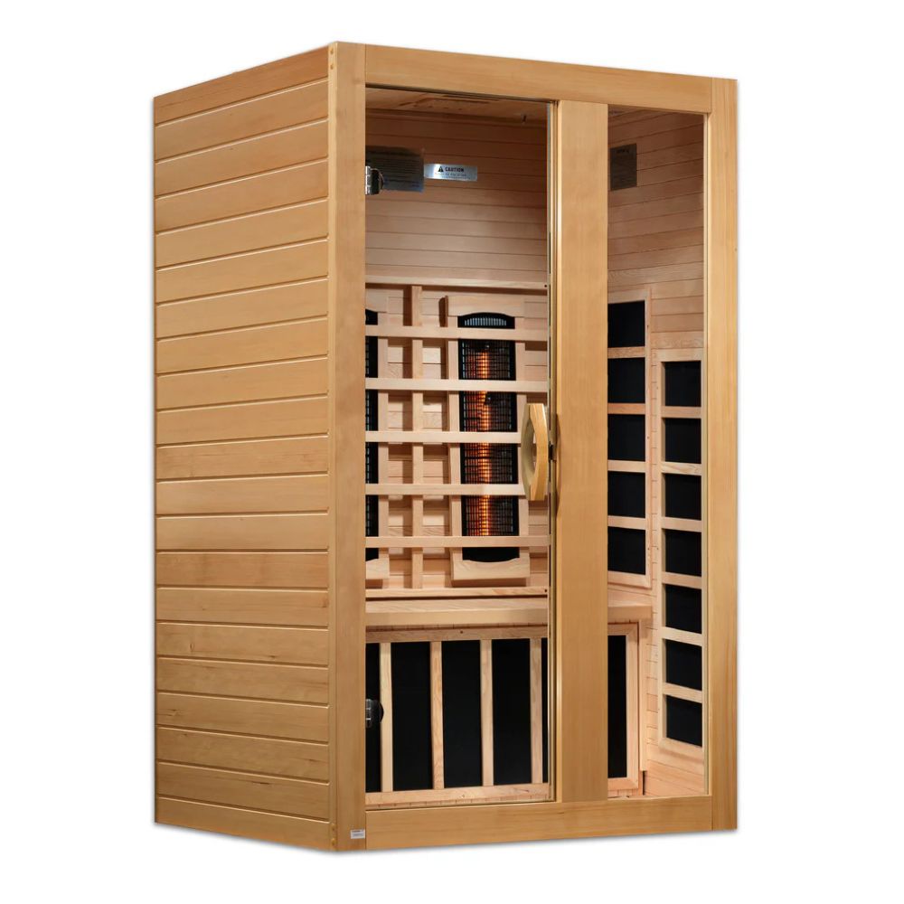 Wooden sauna with interior lights and design on a white background