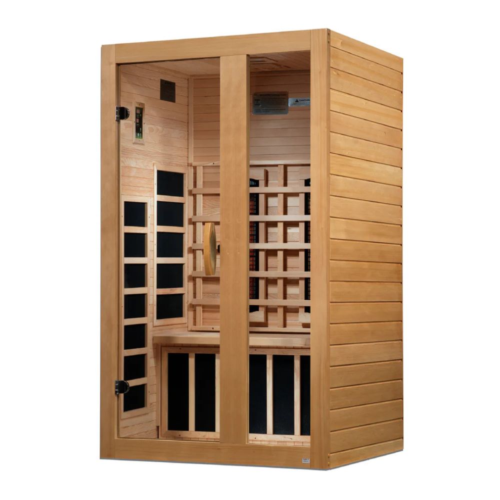 Wooden sauna with glass panels on a white background