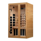 Wooden sauna with glass panels on a white background
